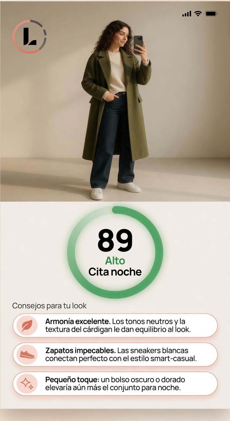 Resultado de un outfit en LookLab: 89 sobre 100 para una cita de noche, con tres consejos concretos sobre la ropa