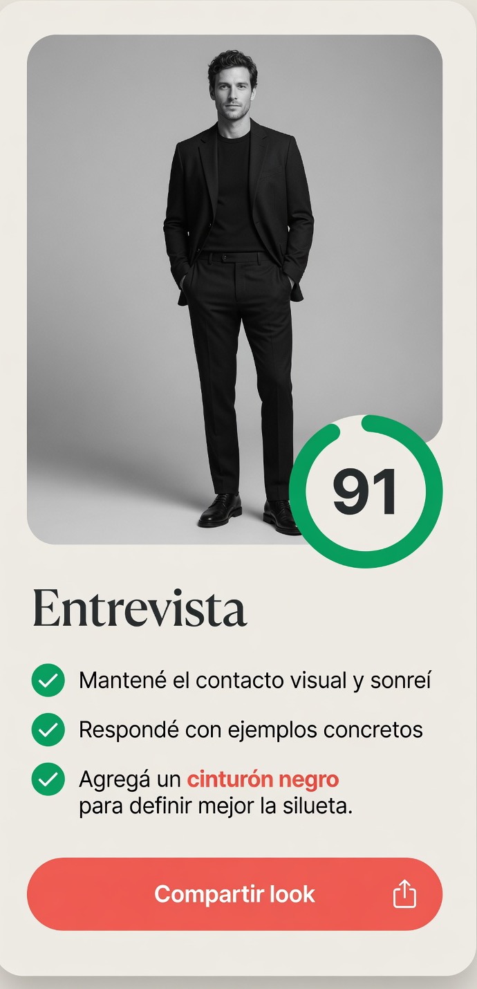 Análisis de un outfit en LookLab para una entrevista: 91 sobre 100, con las recomendaciones