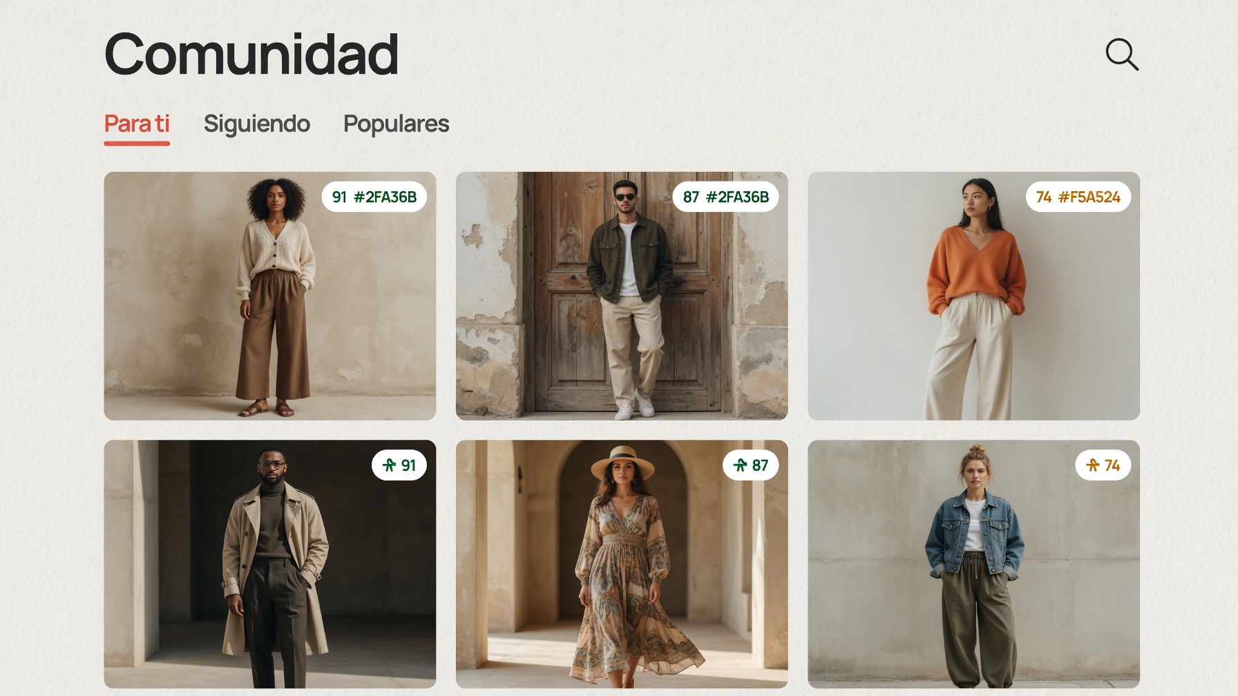 Feed de la comunidad de LookLab: looks de distintas personas con su puntaje, y las solapas Para ti, Siguiendo y Populares